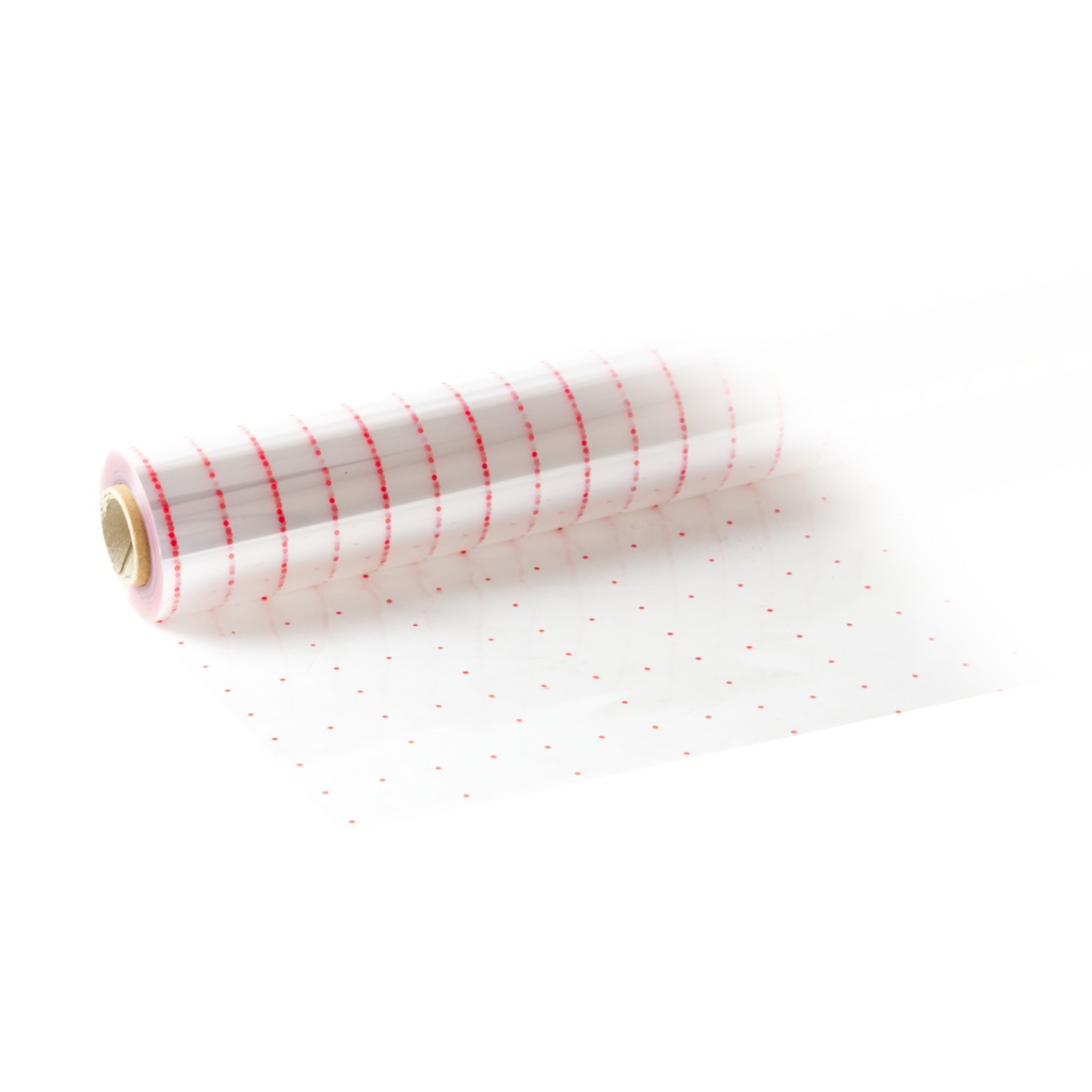 Bobina 0.8 x 50 m 35 µm PP transparente punto rojo