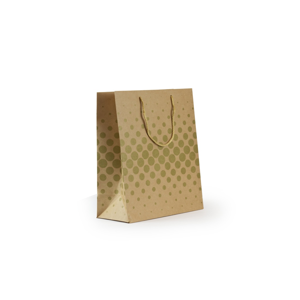 Bolsa papel 180g kraft 100% reciclado 185 x 140 x 85 mm puntos oro