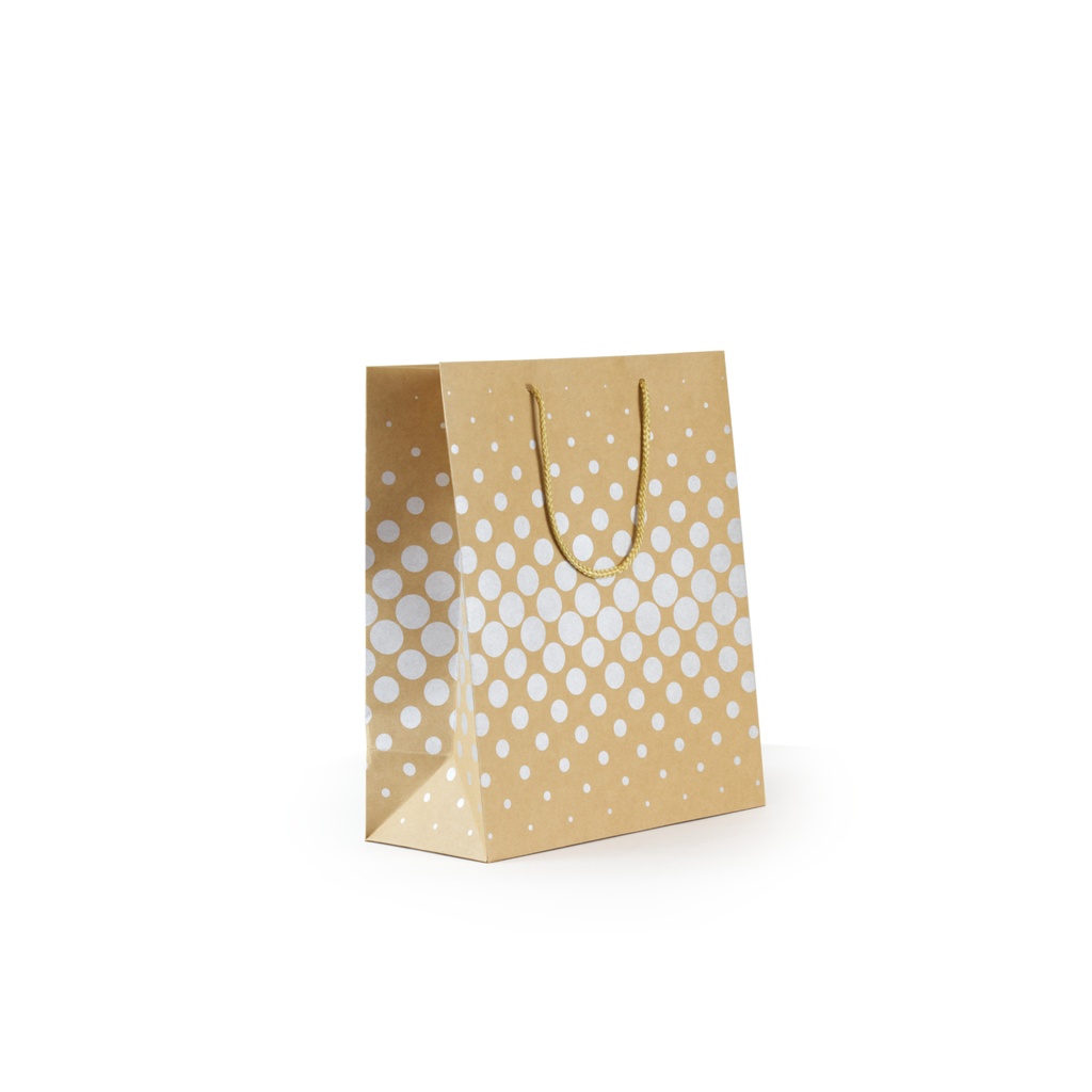 Bolsa papel 180g kraft 100% reciclado 185 x 140 x 85 mm puntos plata