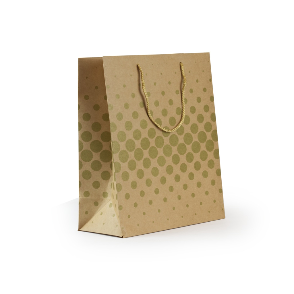 Bolsa papel 180g kraft 100% reciclado 315 x 254 x 127 mm puntos oro