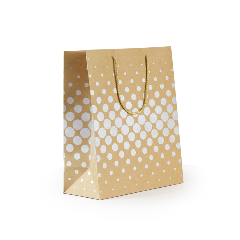 Bolsa papel 180g kraft 100% reciclado 315 x 254 x 127 mm puntos plata