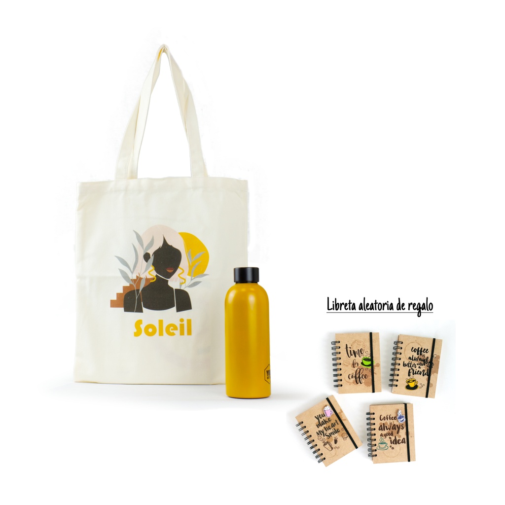 Opción regalo Soleil: botella + bolsa canvas + libreta gratis