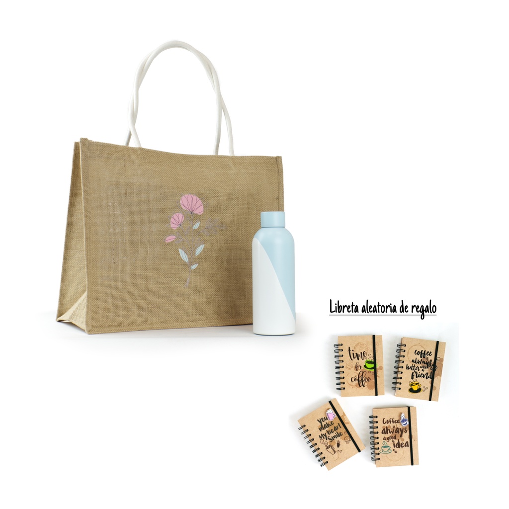 Opción regalo Flor: botella + bolsa yute + libreta gratis