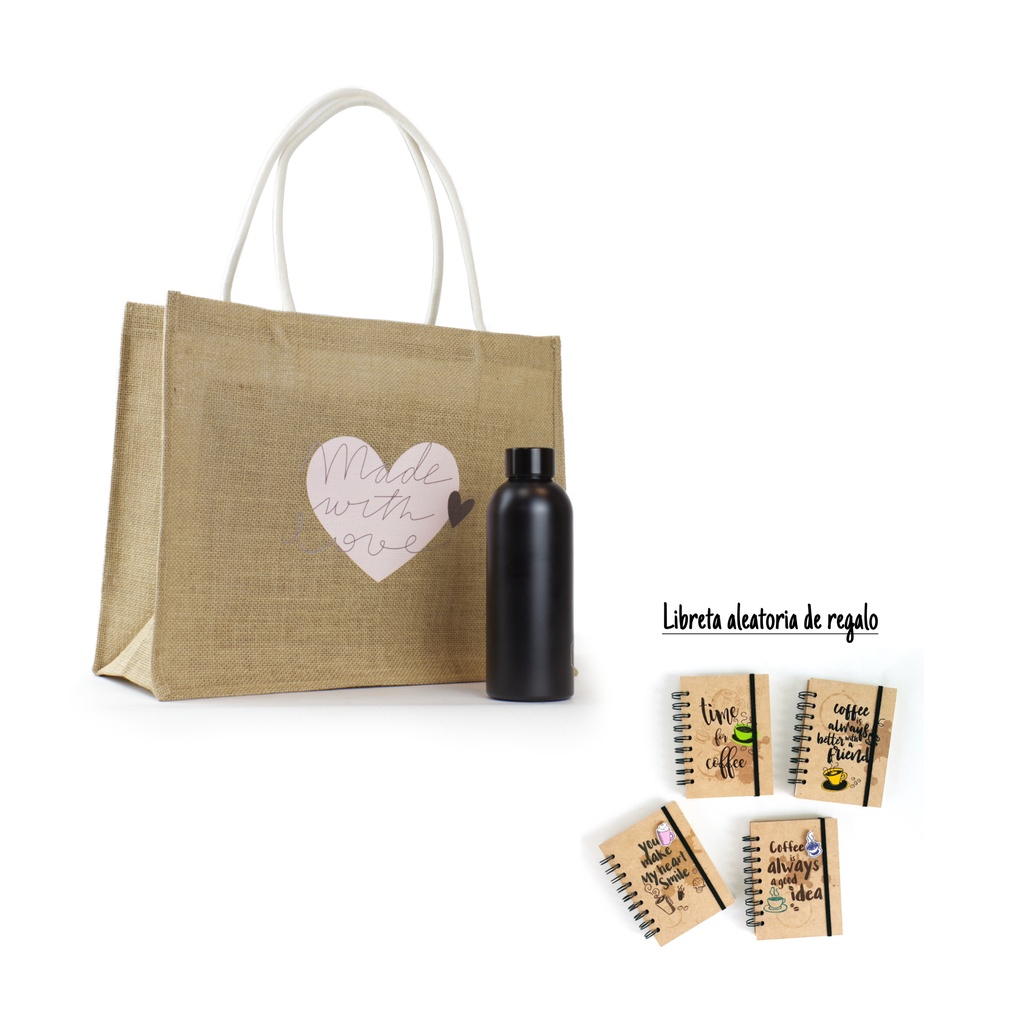 Opción regalo Made with love: botella + bolsa yute + libreta gratis