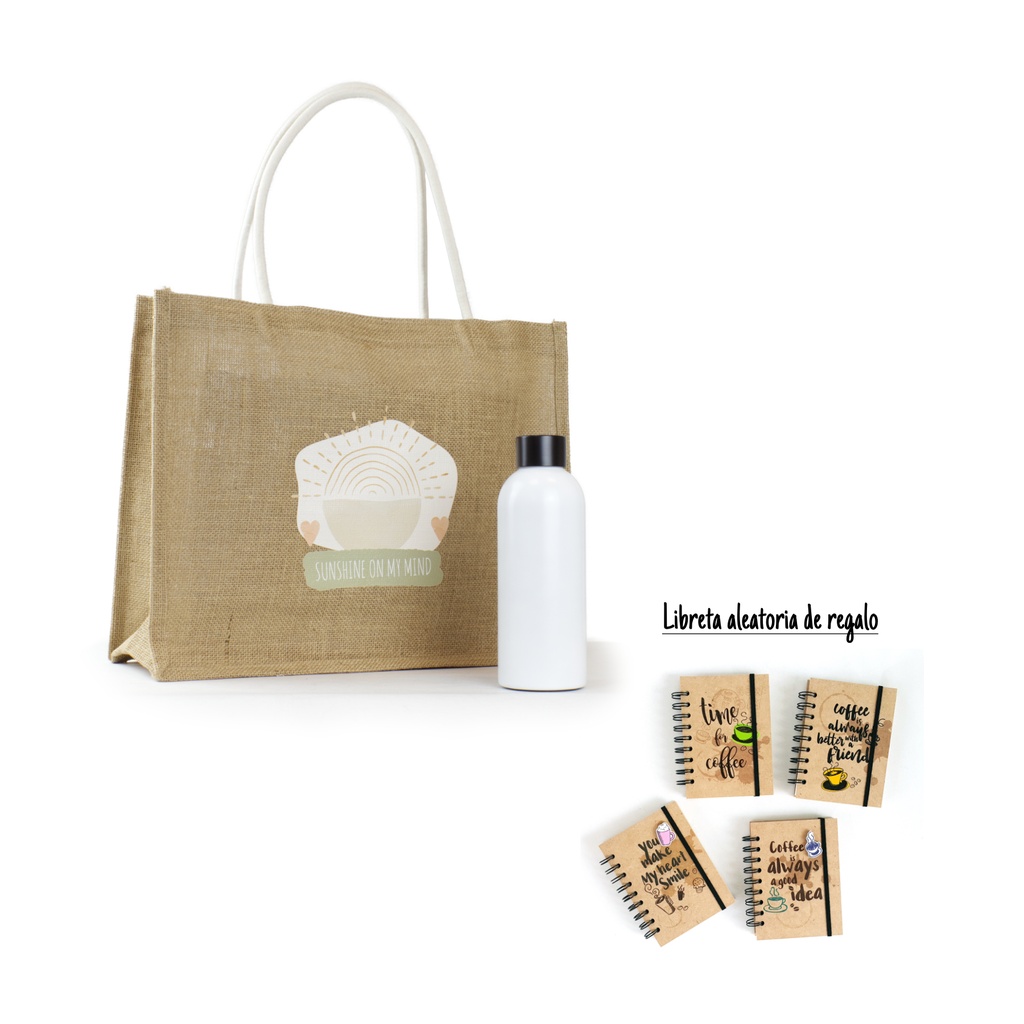 Opción regalo Sunshine: botella + bolsa yute + libreta gratis