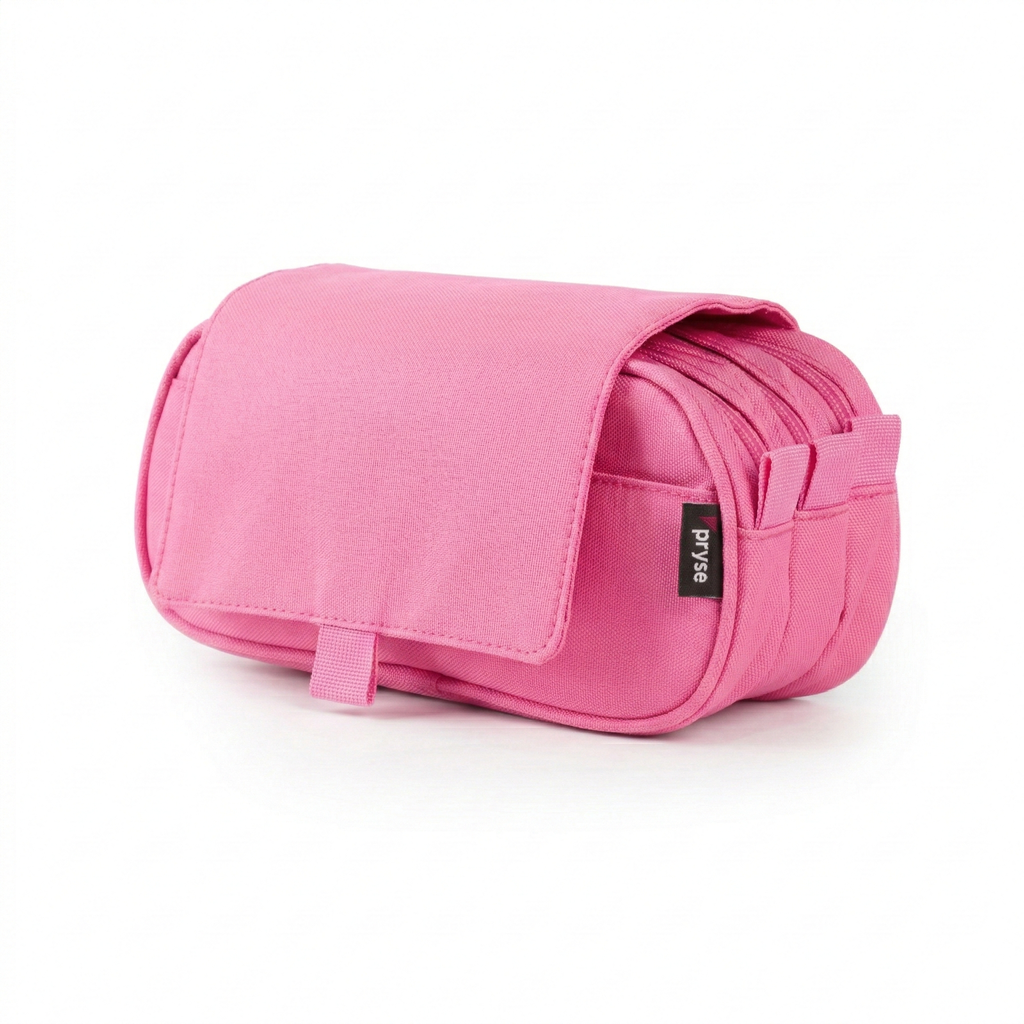 Portatodo triple 3 cremalleras con bolsillo exterior con solapa 22 x 8 x 10.5 cm rosa