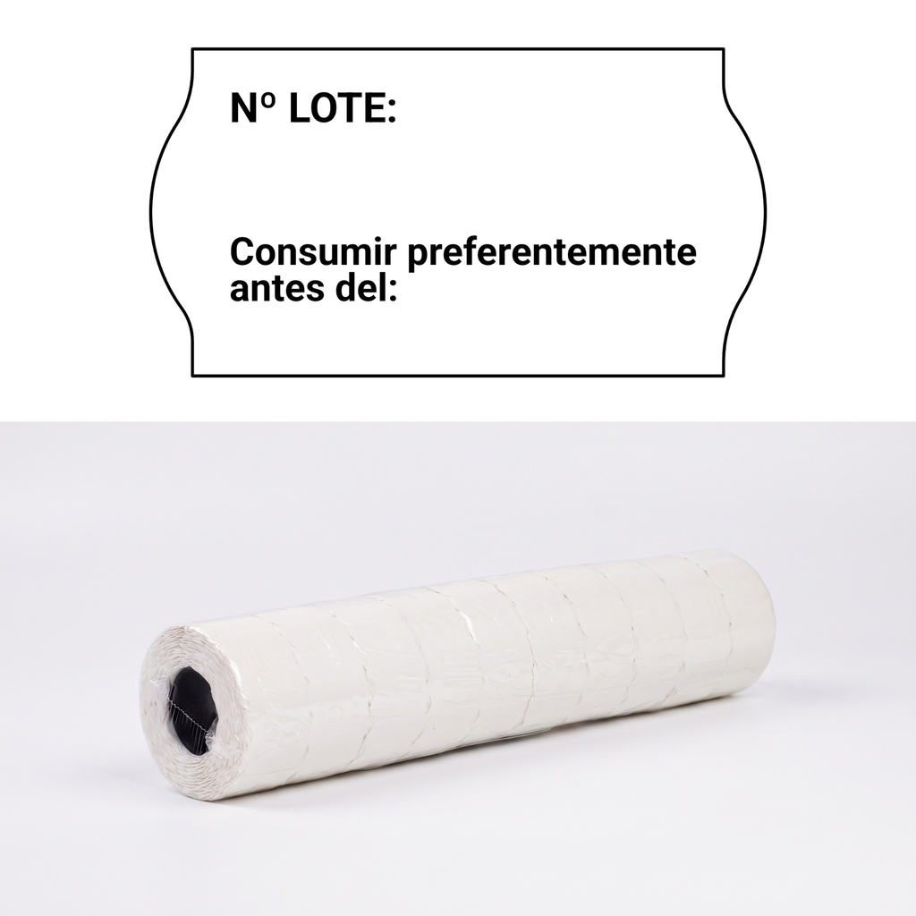 Pack 10 rollos 1000 etiquetas onda 26 x 16 blanca permanente Impresa: Lote: / Consumir preferentemente antes del: