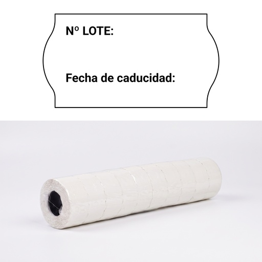 [1531069] Pack 10 rollos 1000 etiquetas onda 26 x 16 blanca permanente impresa: Nº lote: / fecha de caducidad: